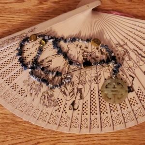 Hand Crafted Blue Lapis & Cats Eye Beaded w/ Carved Brown Jade Pendant N…